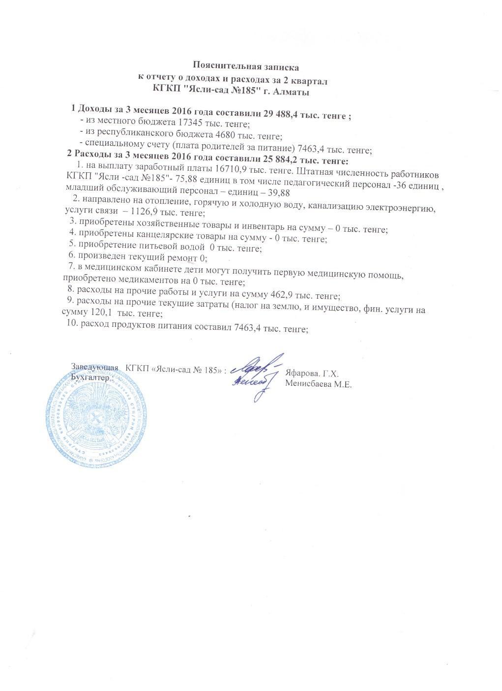 Отчет о доходах и расходах за 2 квартал 2016