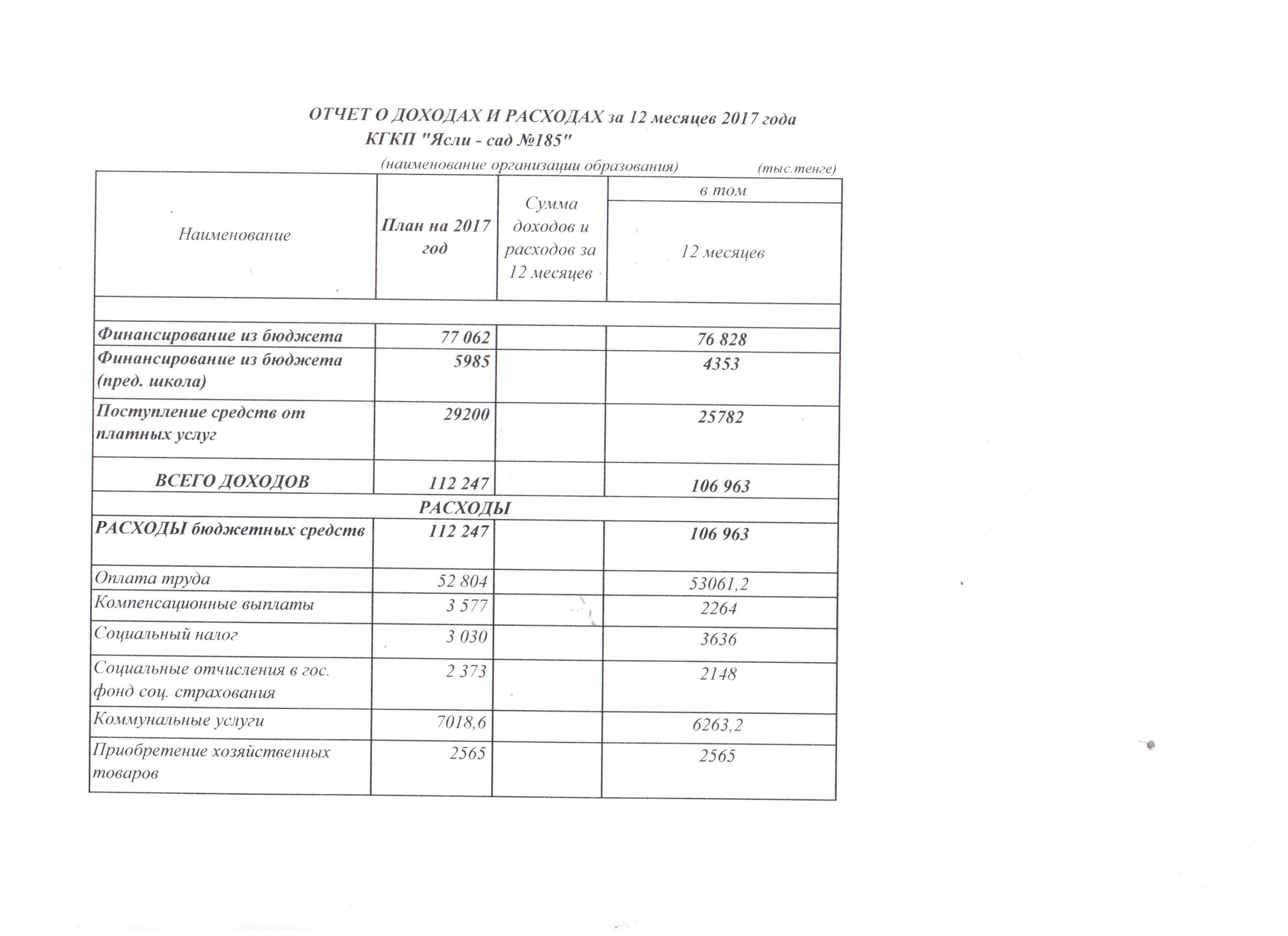 Отчет о доходах и расходах за 12 месяцев 2017 года