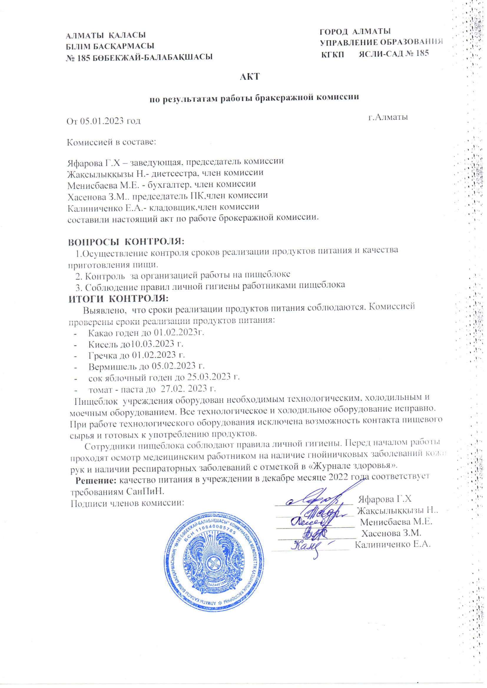 АКТ по результатам работы бракеражной комиссии (январь)