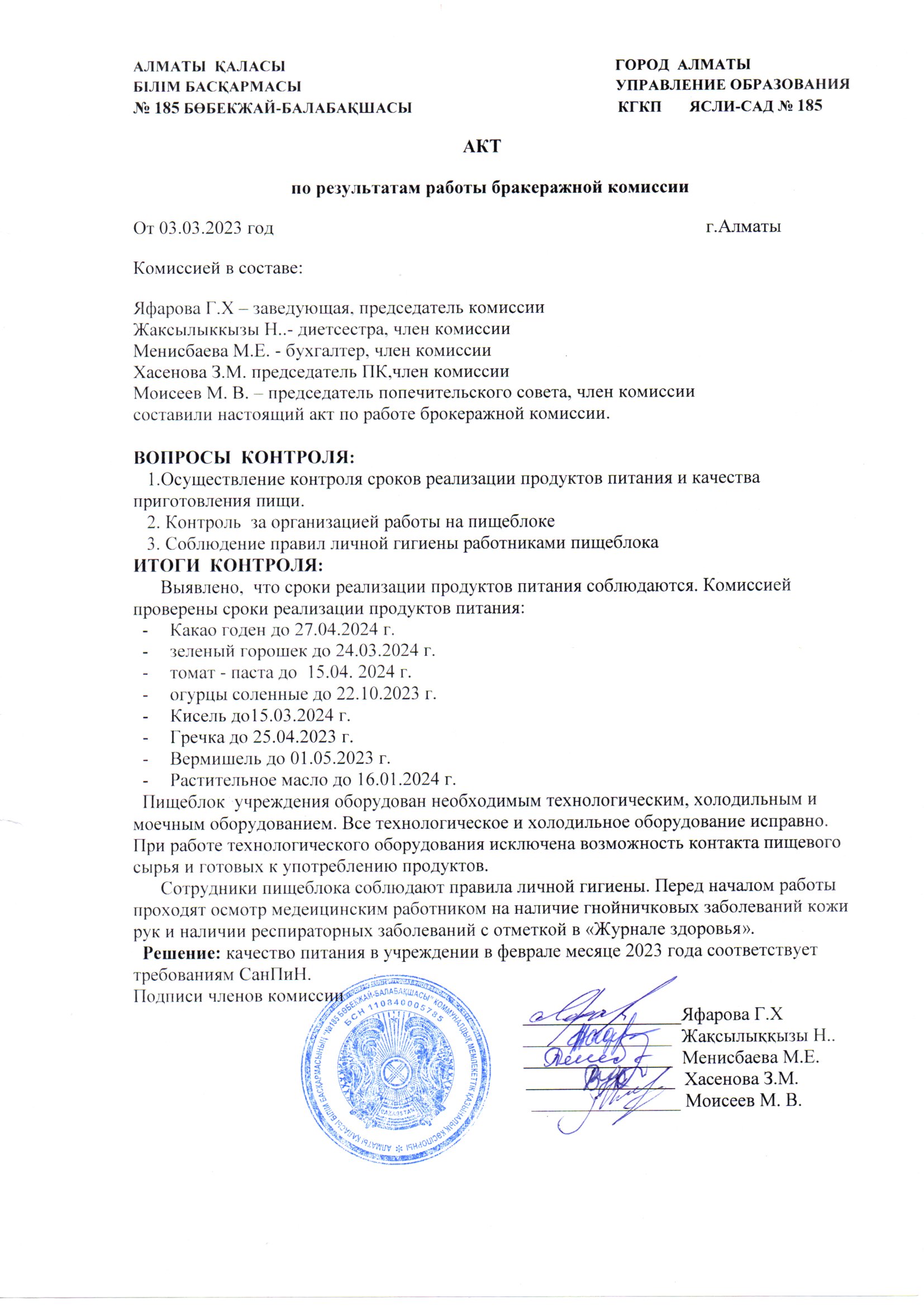 АКТ по результатам работы бракеражной комиссии (март)