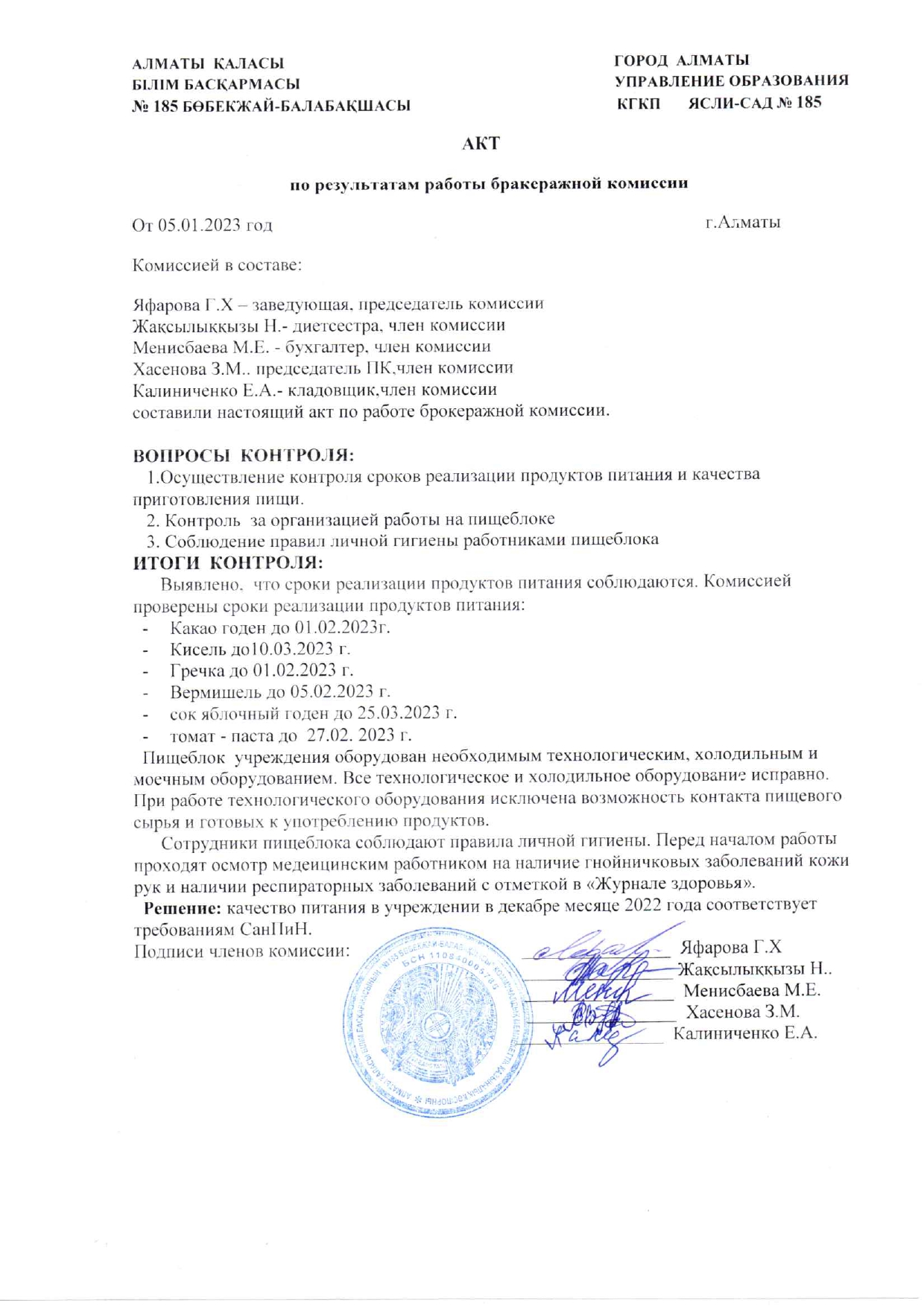 АКТ по результатам работы бракеражной комиссии