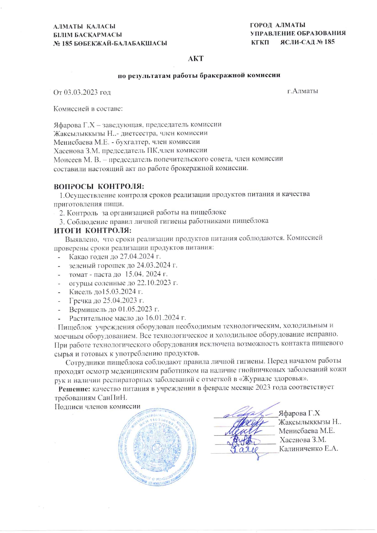 АКТ по результатам работы бракеражной комиссии