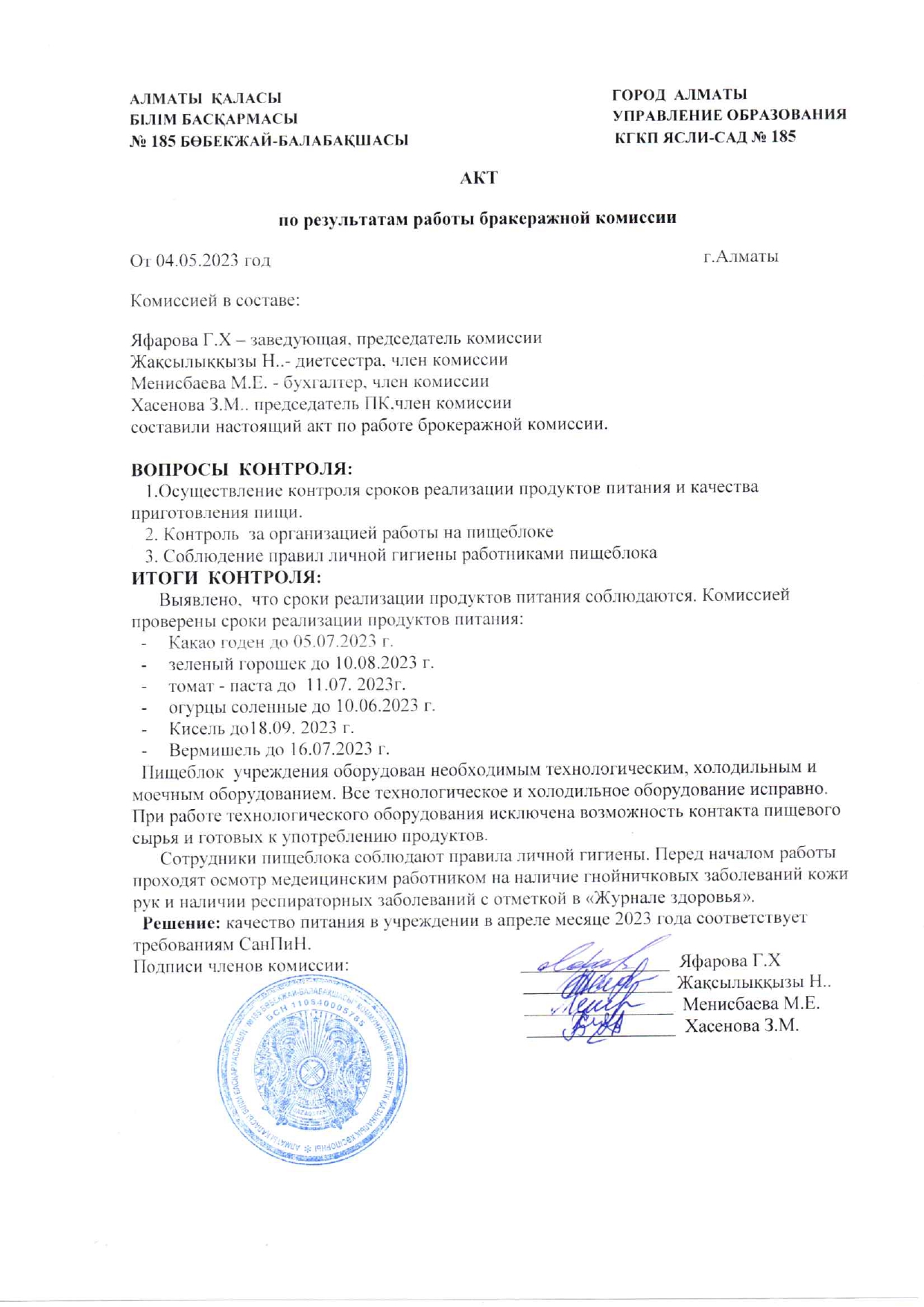 АКТ по результатам работы бракеражной комиссии от 04.05.2023