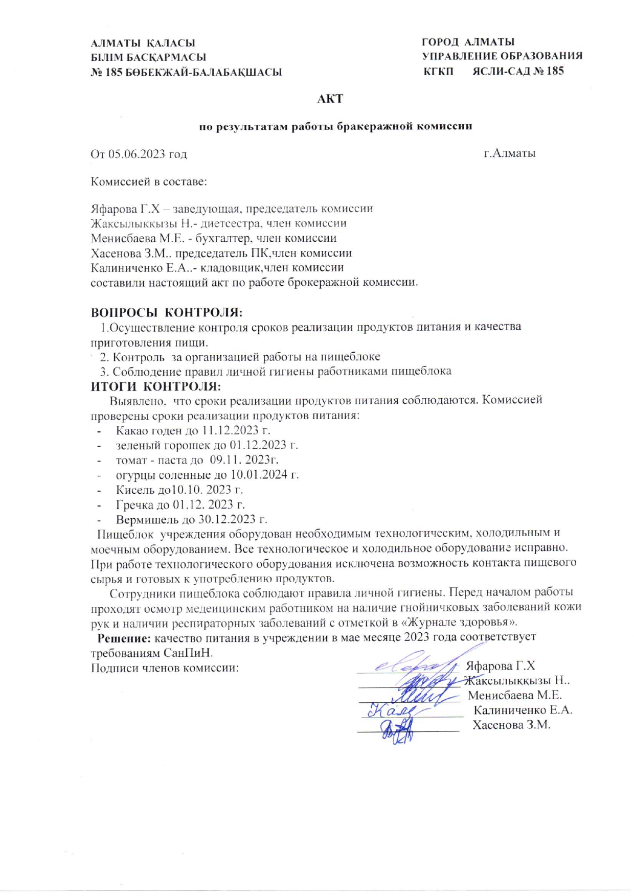 АКТ по результатам работы бракеражной комиссии от 05.06.2023
