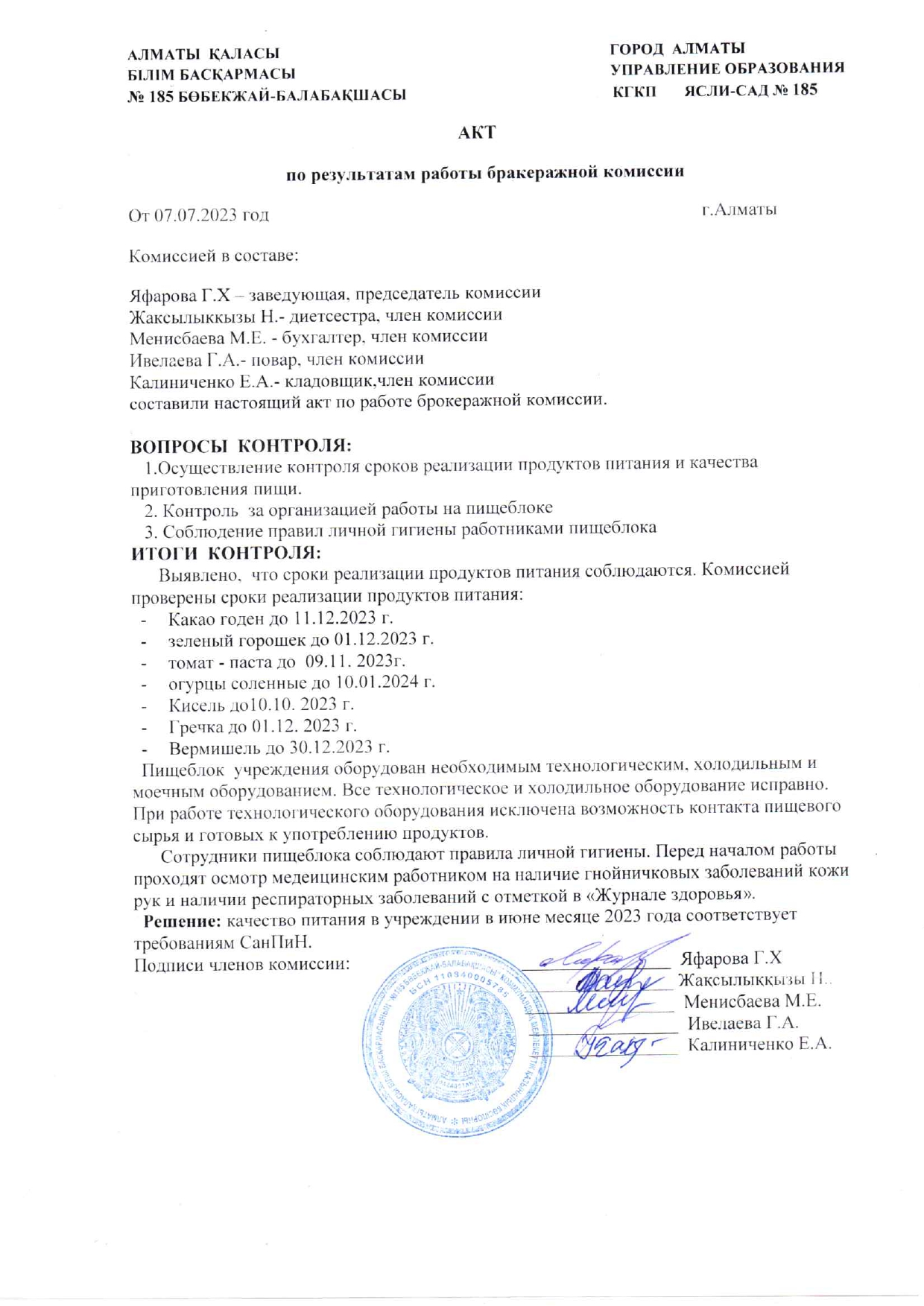 АКТ по результатам работы бракеражной комиссии от 07.07.2023