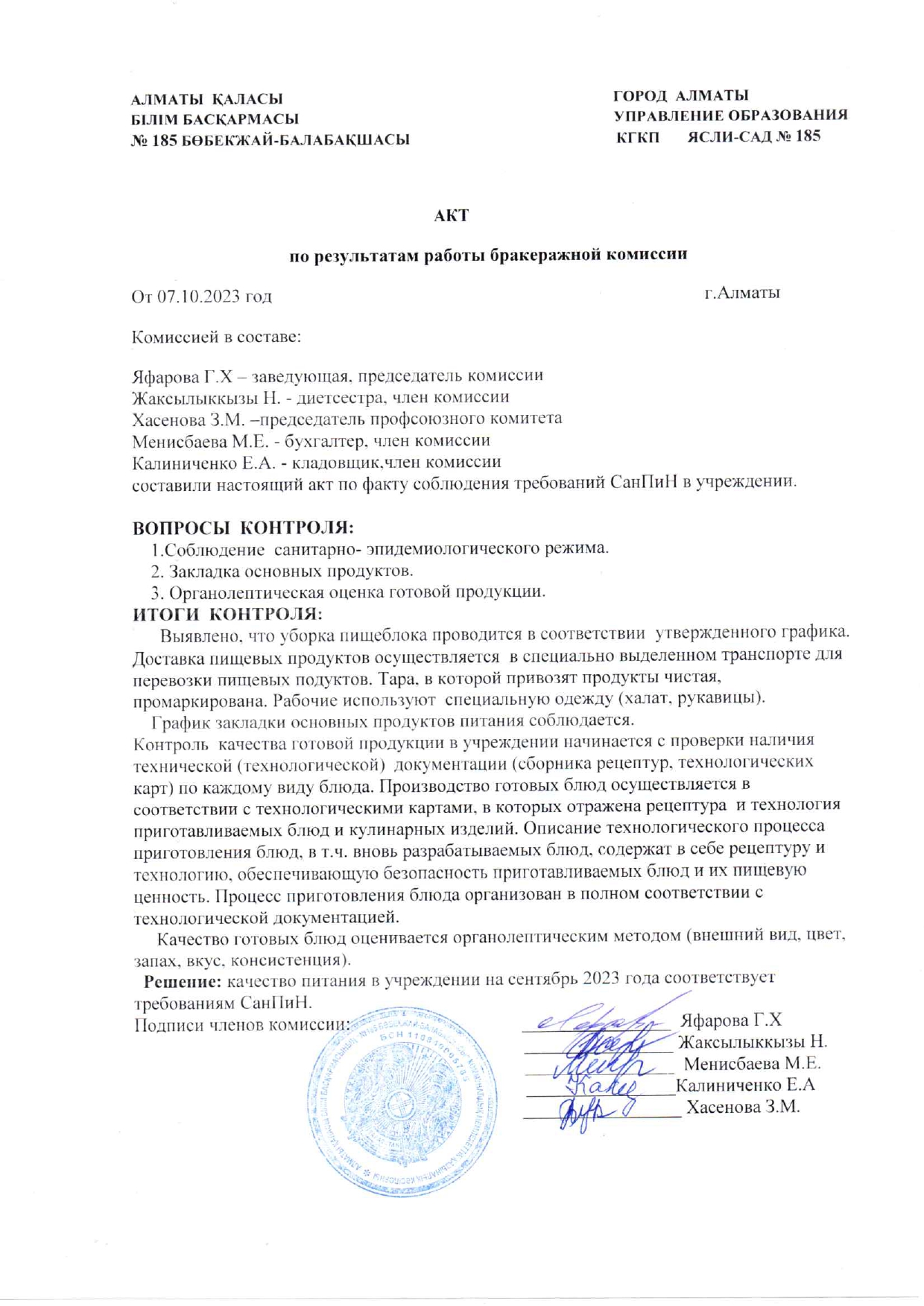АКТ по результатам работы бракеражной комиссии от 07.10.2023