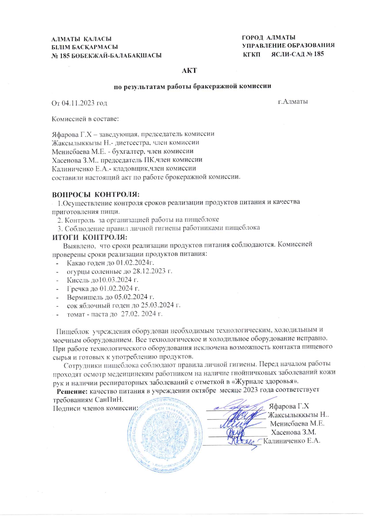 АКТ по результатам работы бракеражной комиссии от 04.11.2023
