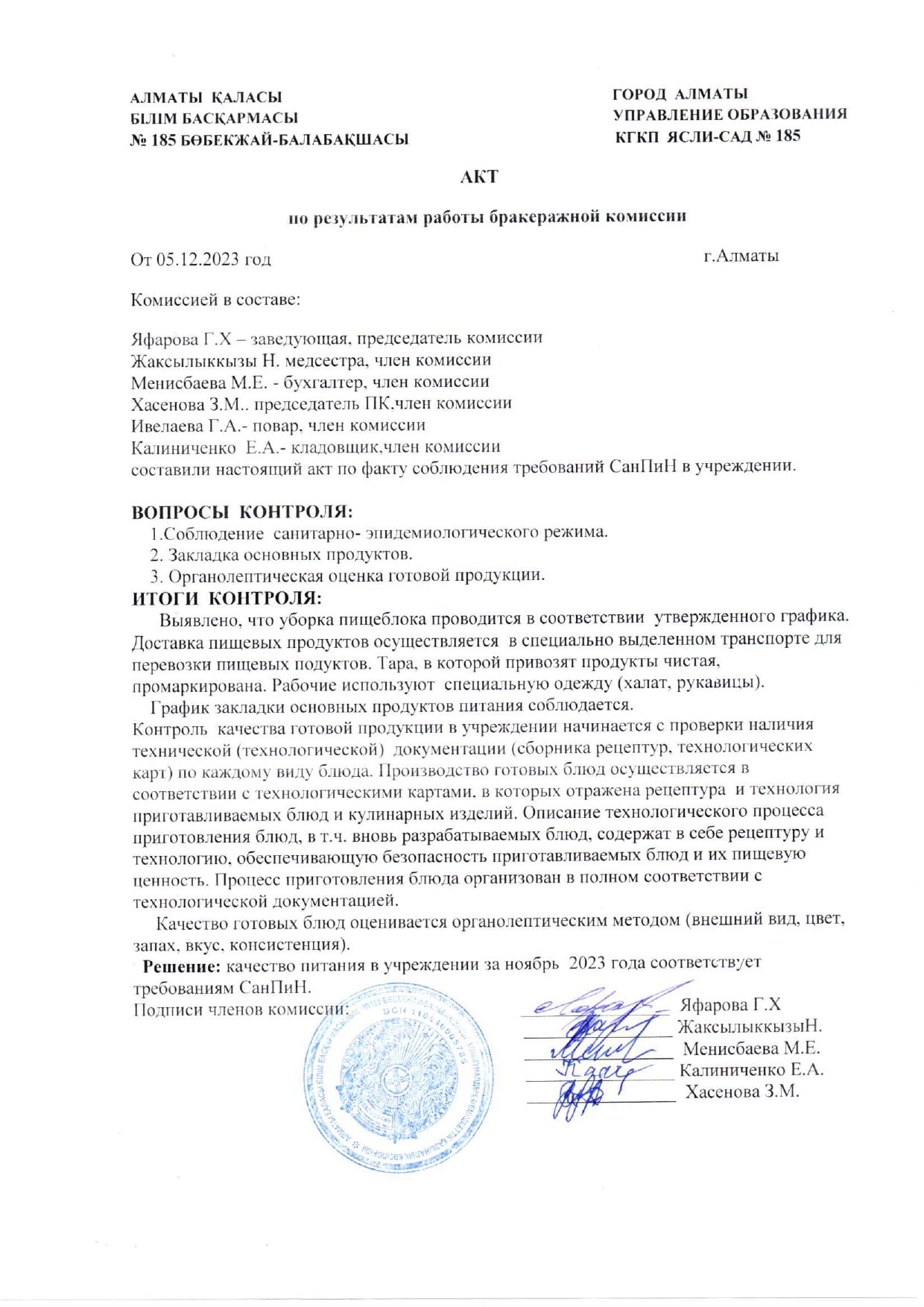 АКТ по результатам работы бракеражной комиссии от 05.12.2023